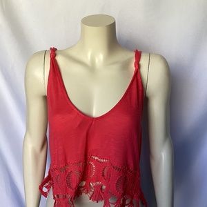 Others Follow Coral Sleeveless Tank with Crochet Hem